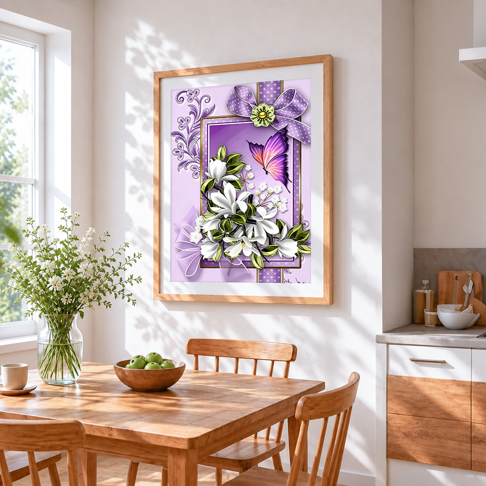 Purple butterfly and white magnolias cross stitch artwork displayed on wall as home decor
