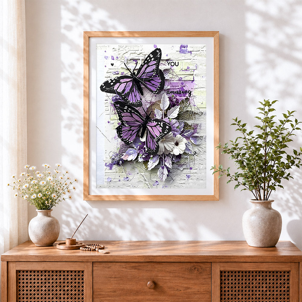 Finished purple butterfly collage cross stitch artwork displayed