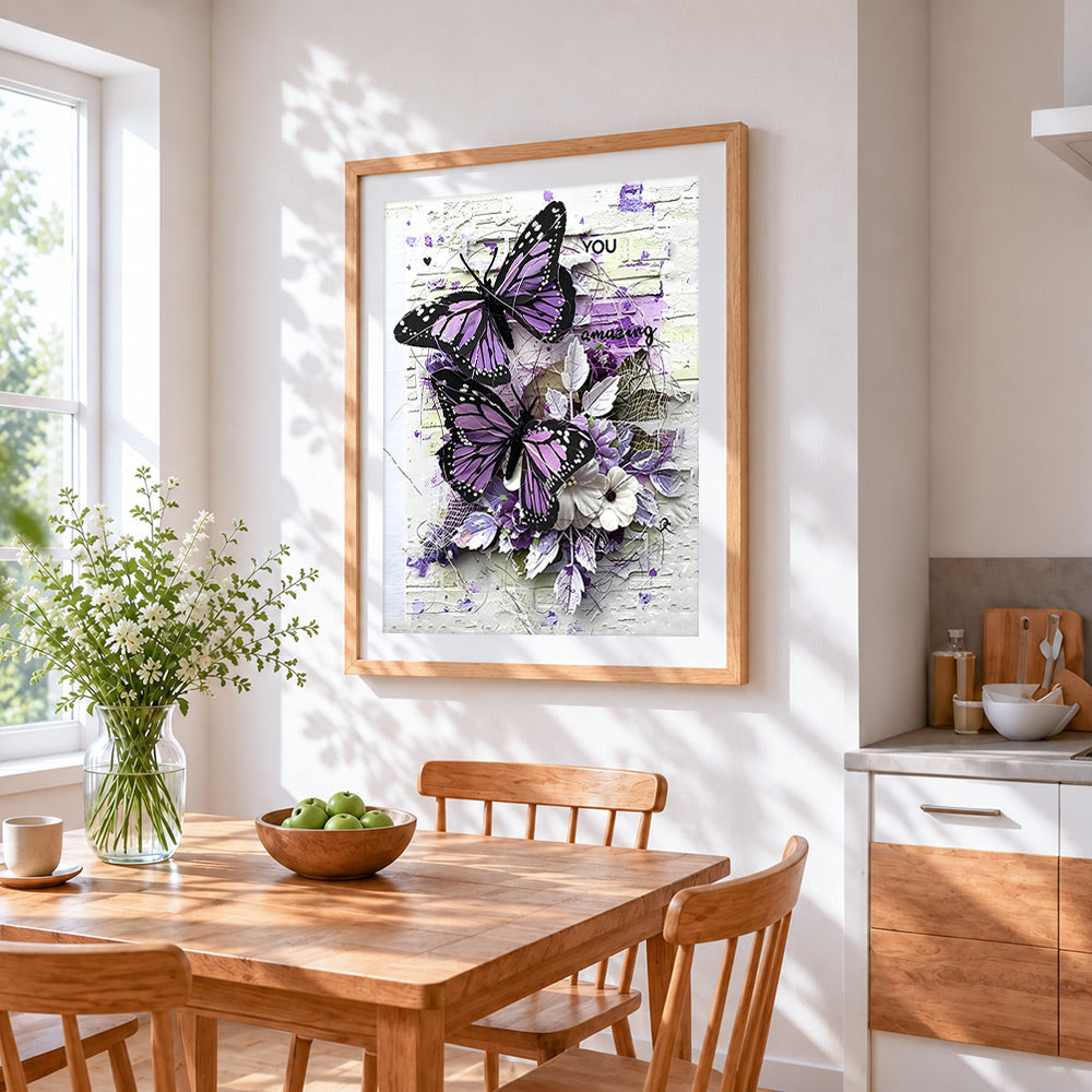 Purple butterfly collage cross stitch artwork displayed on wall as home decor