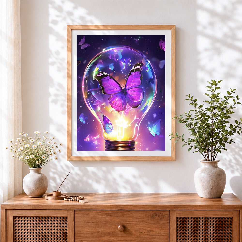Finished purple butterfly in lightbulb cross stitch artwork displayed