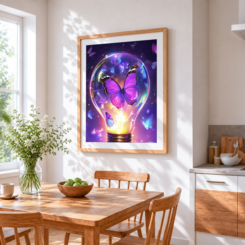Purple butterfly in lightbulb cross stitch artwork displayed on wall as home decor
