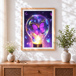 Finished purple butterfly in lightbulb paint by numbers artwork displayed as home decor