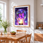 Purple butterfly in lightbulb paint by numbers artwork displayed on wall as home decor