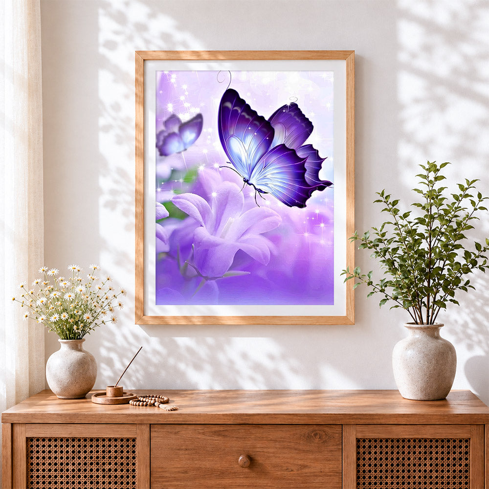 Finished purple butterfly on lily flower cross stitch artwork displayed