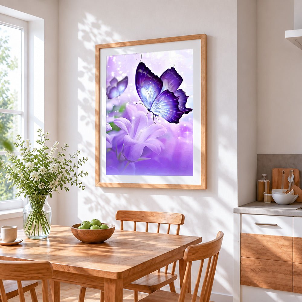 Purple butterfly on lily flower cross stitch artwork displayed on wall as home decor
