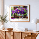 Purple clematis by the window cross stitch artwork displayed on wall as home decor
