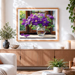 Finished purple clematis by the window paint by numbers artwork displayed as home decor
