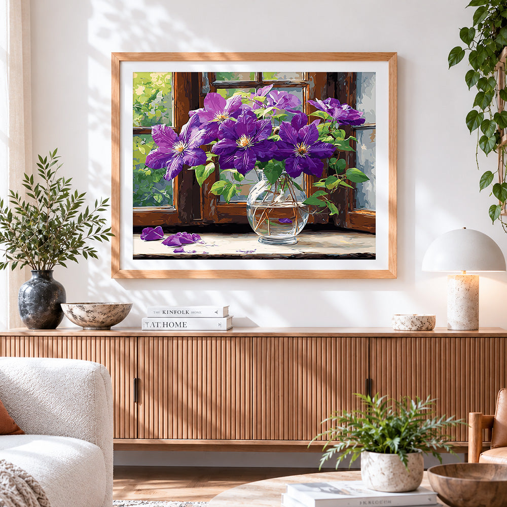 Finished purple clematis by the window paint by numbers artwork displayed as home decor