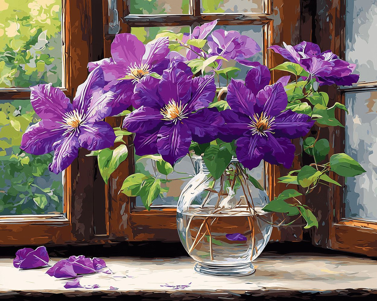 Purple clematis by the window paint by numbers kit for beginners