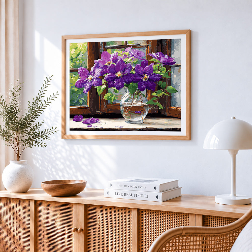 Purple clematis by the window paint by numbers artwork displayed on wall as home decor