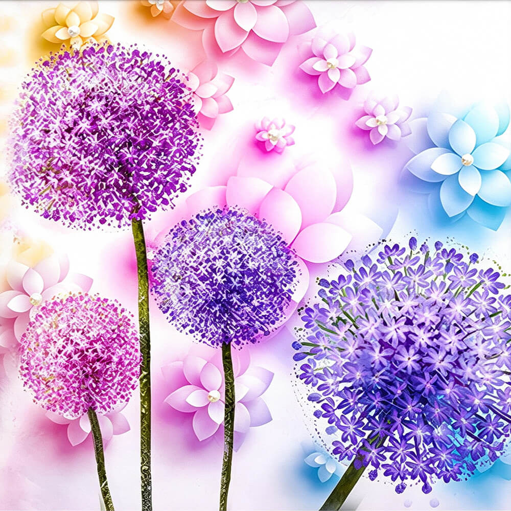 Purple dandelion and paper blossoms cross stitch kit for beginners