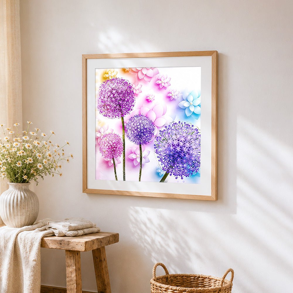 Purple dandelion and paper blossoms cross stitch artwork displayed on wall as home decor