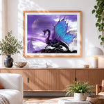Finished purple dragon under a purple moon cross stitch artwork displayed