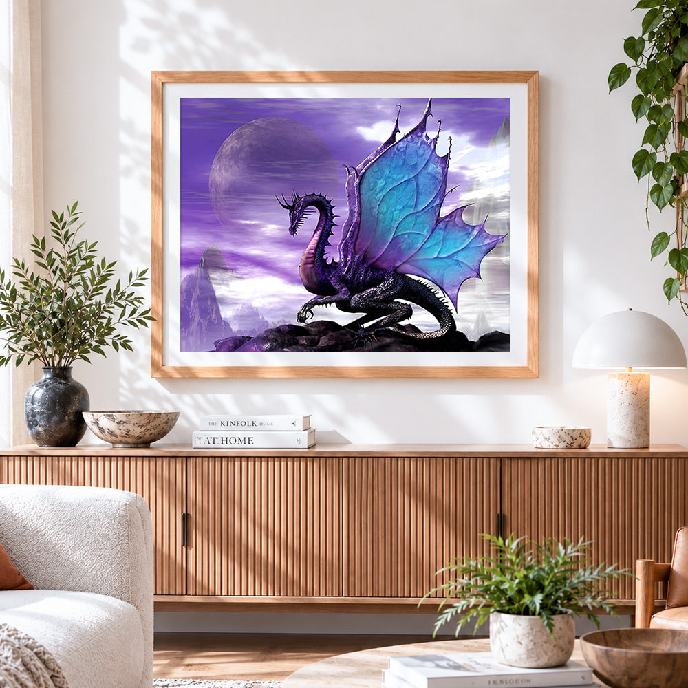 Finished purple dragon under a purple moon cross stitch artwork displayed