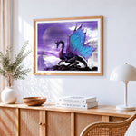 Purple dragon under a purple moon cross stitch artwork displayed on wall as home decor