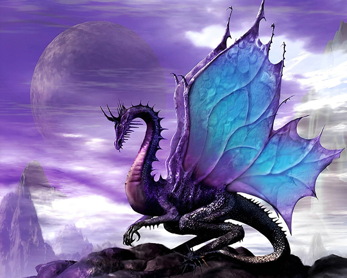 Purple dragon under a purple moon paint by numbers kit for beginners