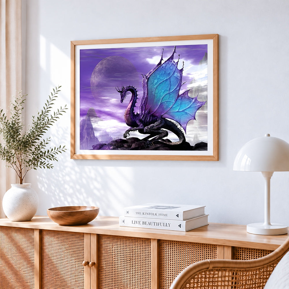 Purple dragon under a purple moon paint by numbers artwork displayed on wall as home decor