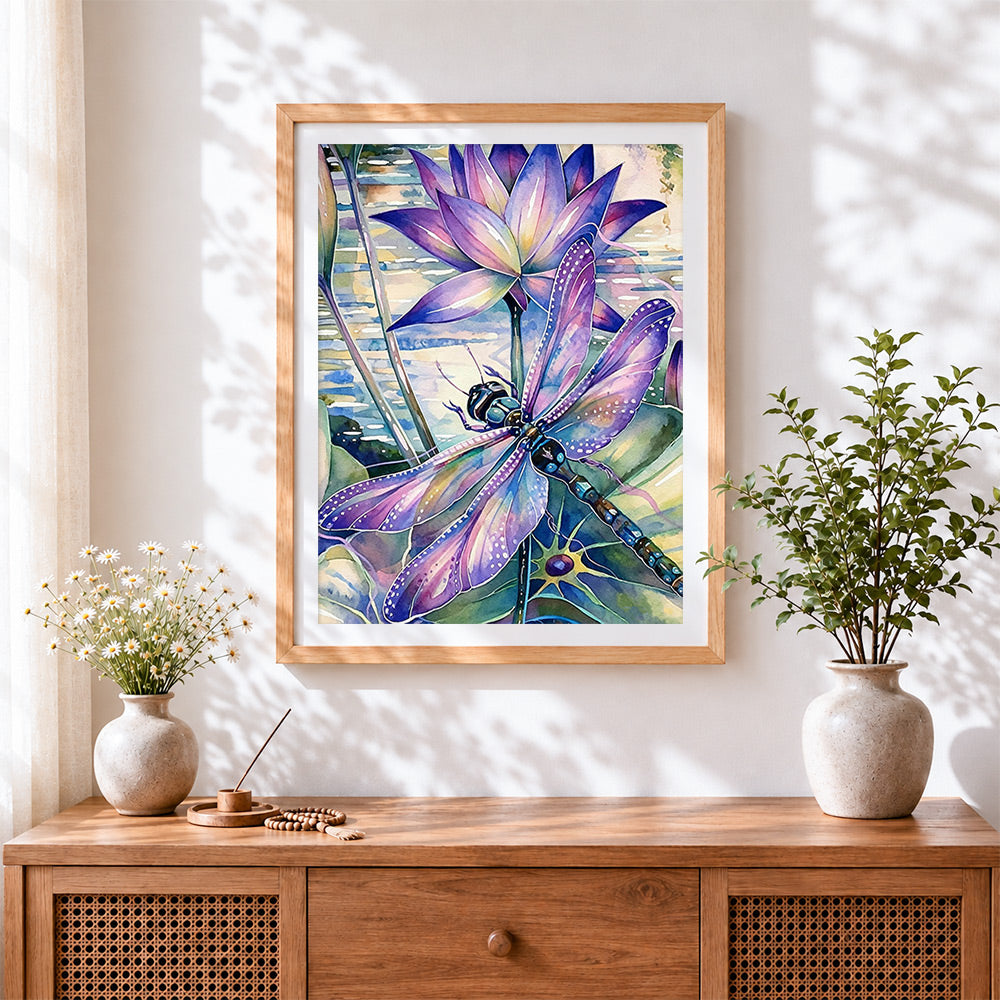 Finished purple dragonfly on a lotus cross stitch artwork displayed