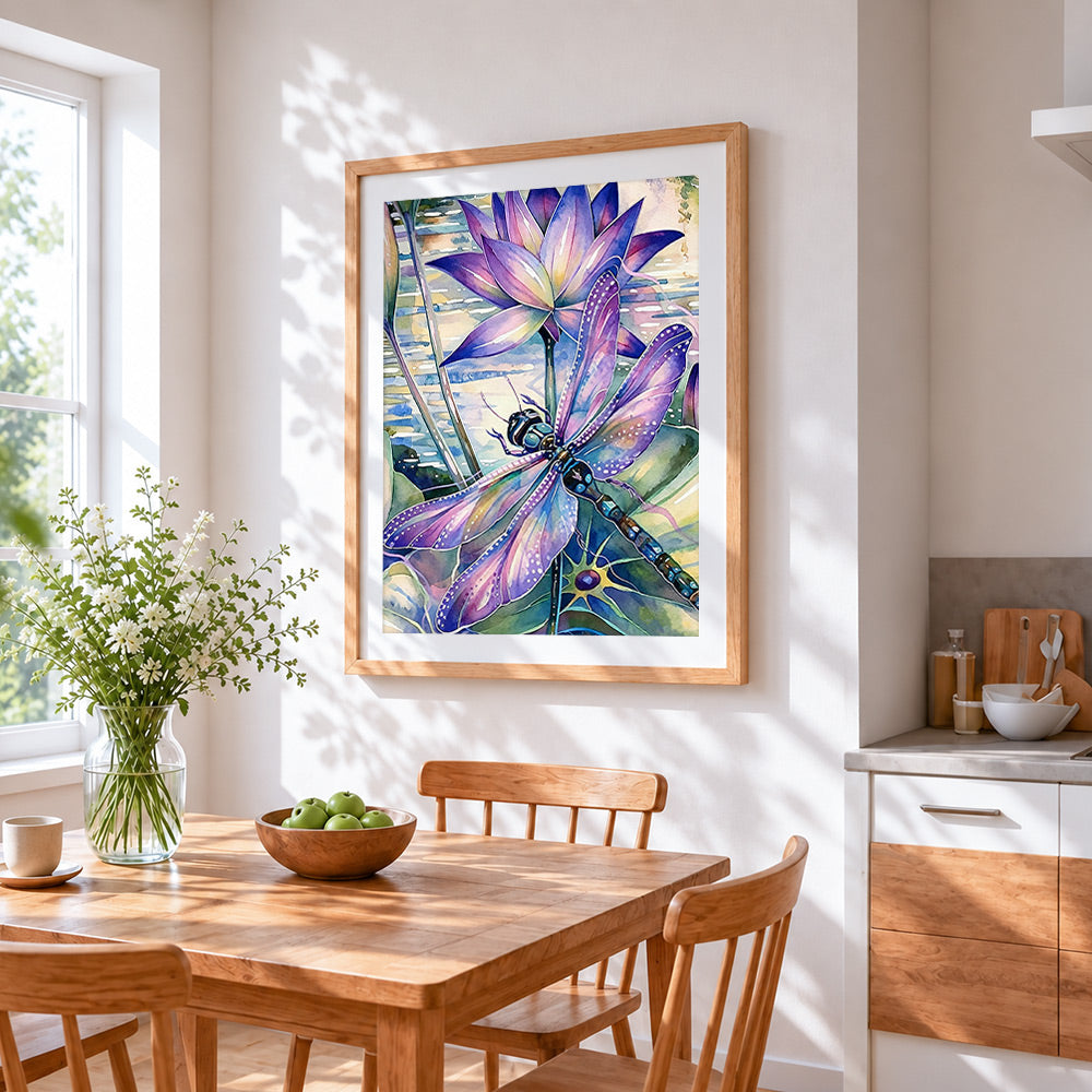 Purple dragonfly on a lotus paint by numbers artwork displayed on wall as home decor
