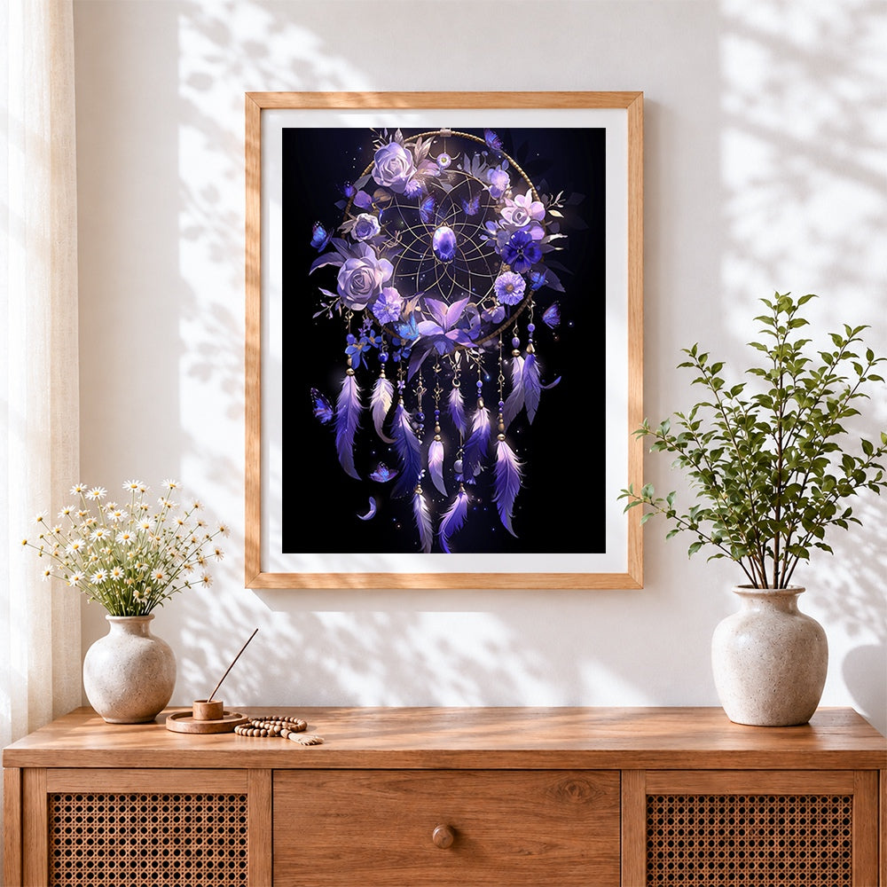 Finished purple dreamcatcher and butterflies cross stitch artwork displayed