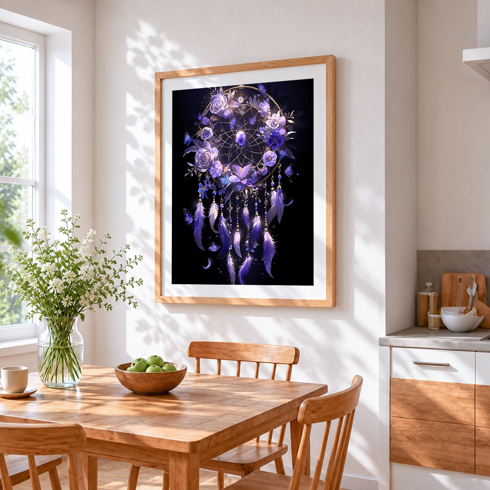 Purple dreamcatcher and butterflies cross stitch artwork displayed on wall as home decor
