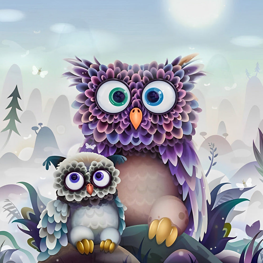 Purple fantasy owl and baby cross stitch kit for beginners