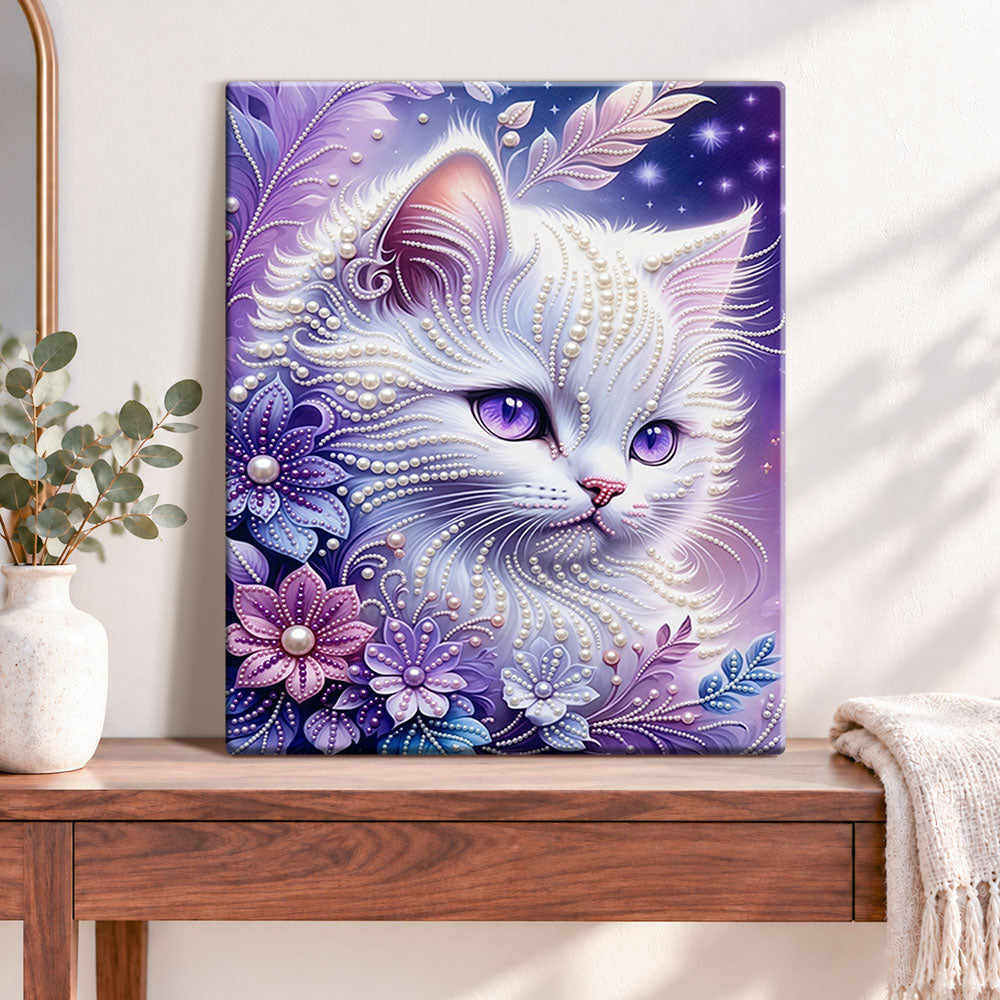 Finished purple floral white kitty pearl diamond painting artwork displayed as home decor