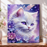 Purple floral white kitty pearl diamond painting kit for beginners