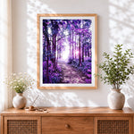 Finished purple forest path cross stitch artwork displayed
