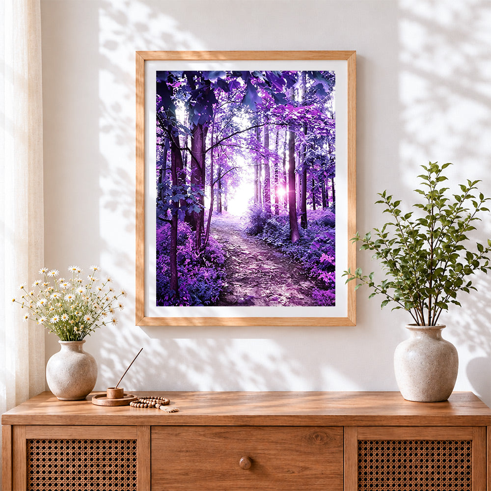 Finished purple forest path cross stitch artwork displayed