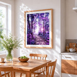 Purple forest path cross stitch artwork displayed on wall as home decor