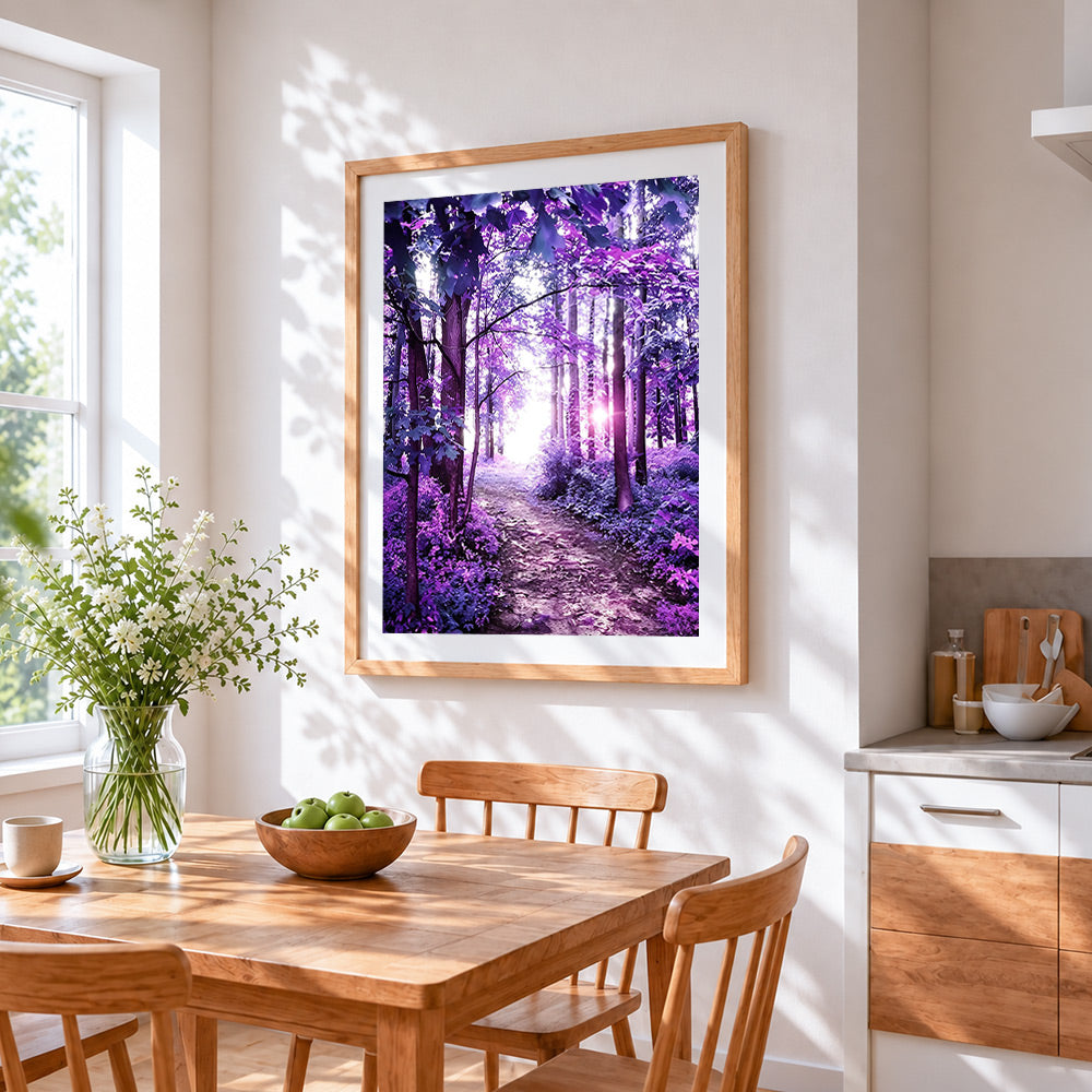 Purple forest path cross stitch artwork displayed on wall as home decor