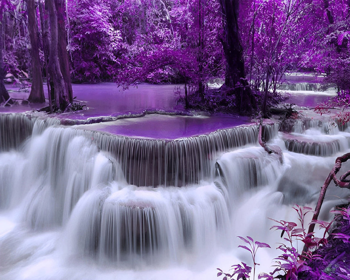 Purple forest waterfall cross stitch kit for beginners