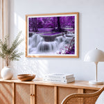 Purple forest waterfall cross stitch artwork displayed on wall as home decor