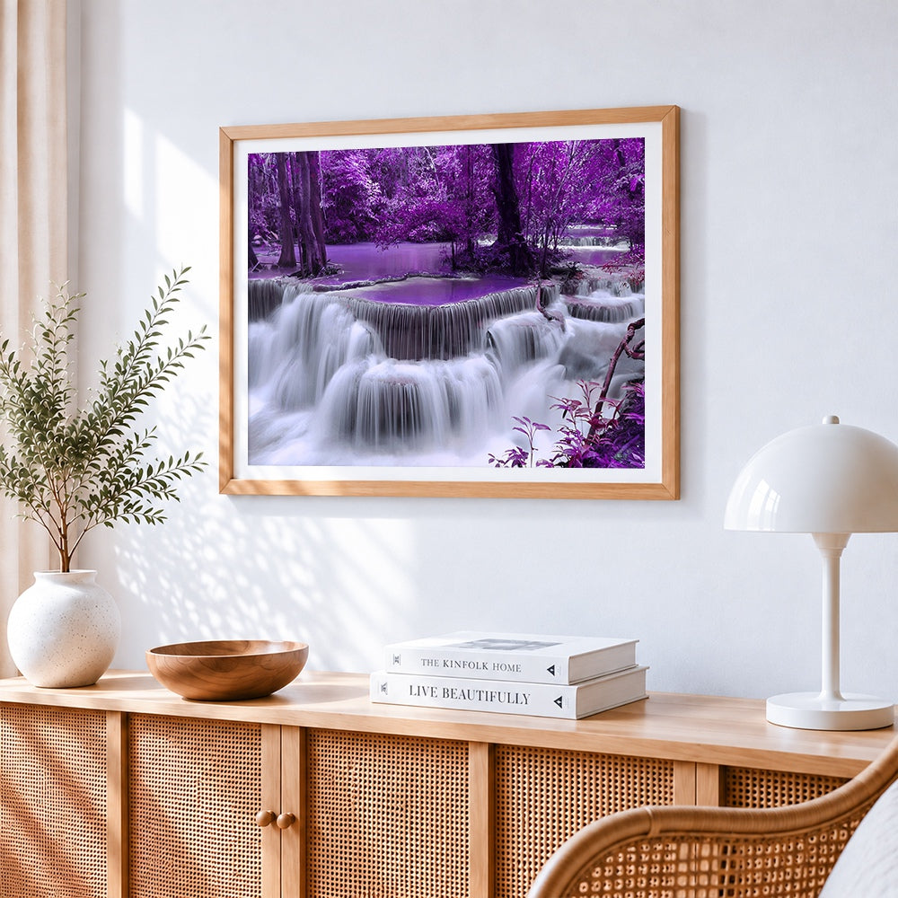 Purple forest waterfall paint by numbers artwork displayed on wall as home decor