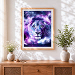 Finished purple galaxy lion cross stitch artwork displayed