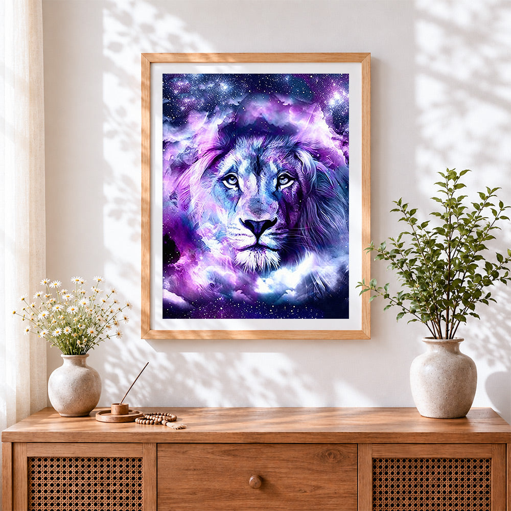 Finished purple galaxy lion cross stitch artwork displayed