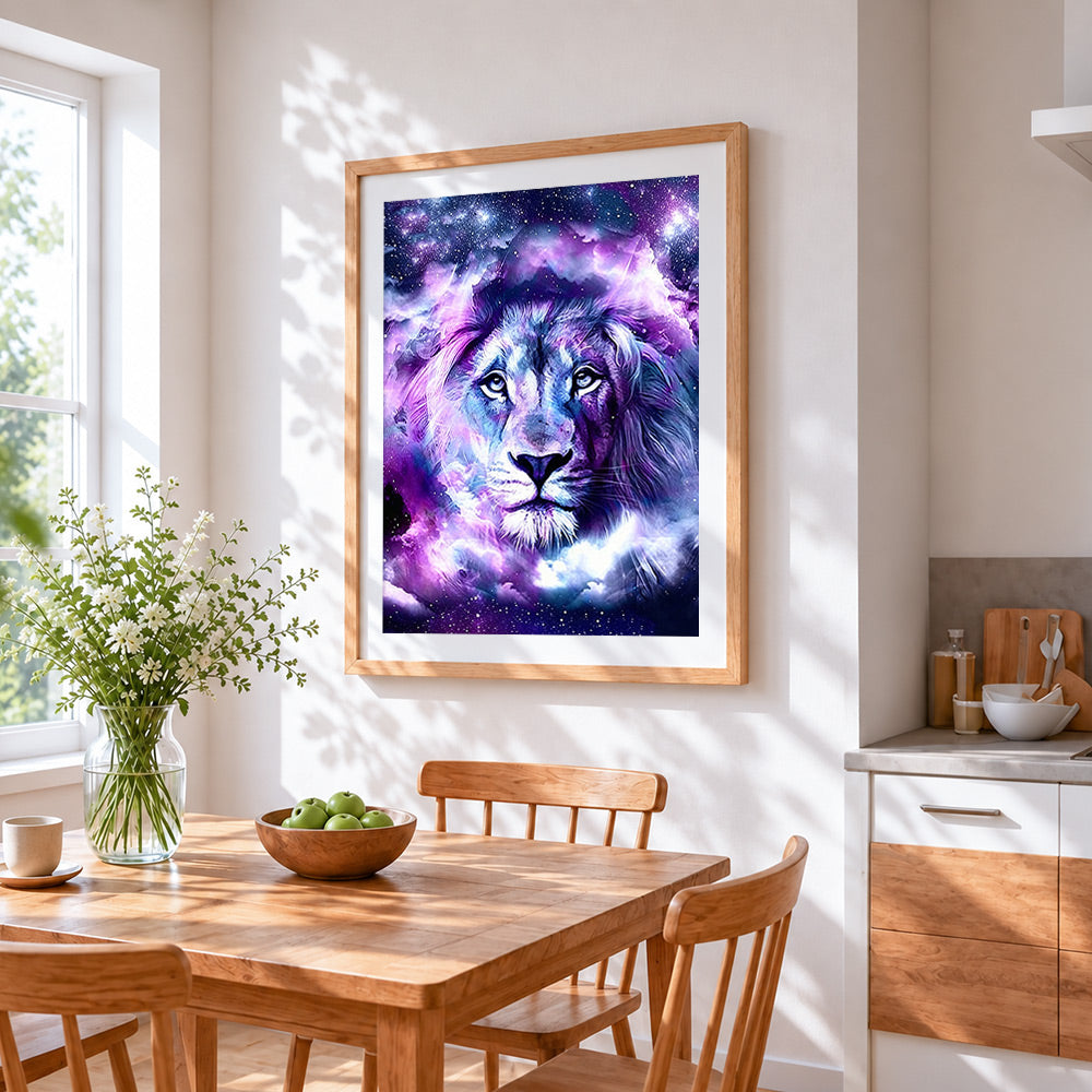 Purple galaxy lion cross stitch artwork displayed on wall as home decor