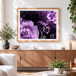 Finished purple glitter roses and hearts cross stitch artwork displayed