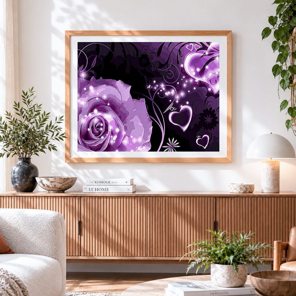 Finished purple glitter roses and hearts cross stitch artwork displayed