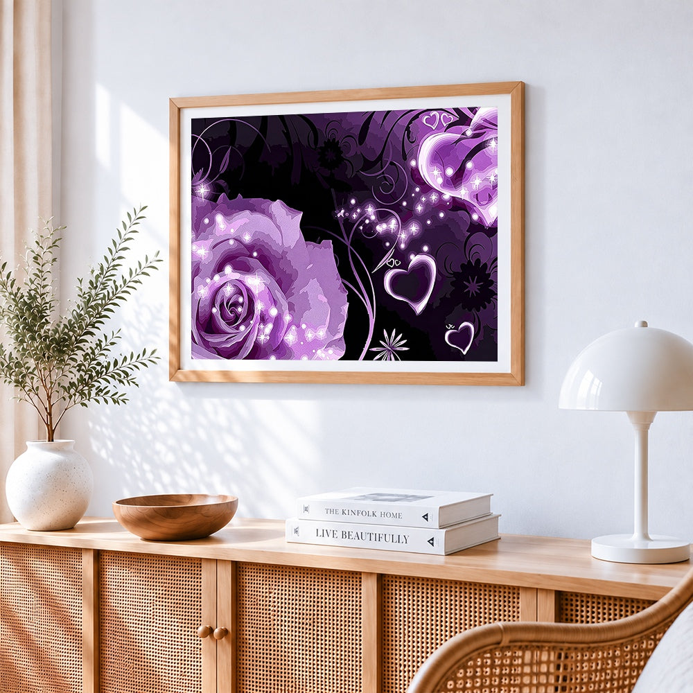 Purple glitter roses and hearts cross stitch artwork displayed on wall as home decor