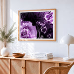 Purple glitter roses and hearts cross stitch artwork displayed on wall as home decor