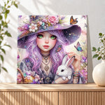 Finished purple‑haired witch with bunny pearl diamond painting artwork displayed as holiday home decor