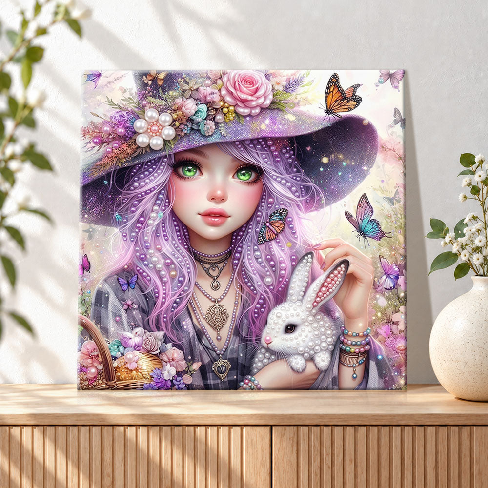 Finished purple‑haired witch with bunny pearl diamond painting artwork displayed as holiday home decor
