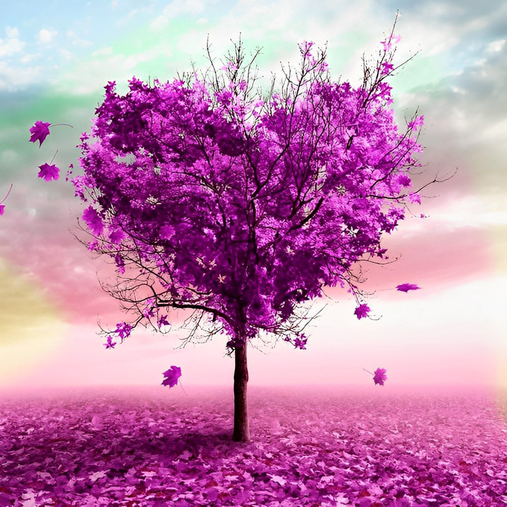 Purple heart-shaped tree cross stitch kit for beginners