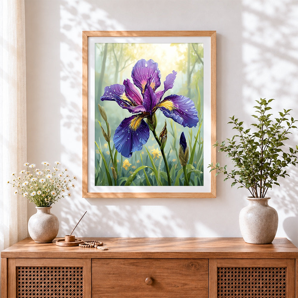Finished purple iris with water droplets cross stitch artwork displayed