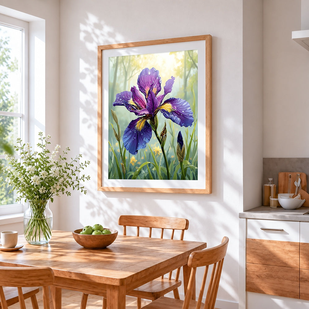 Purple iris with water droplets cross stitch artwork displayed on wall as home decor