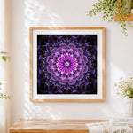 Finished purple kaleidoscope flower mandala cross stitch artwork displayed