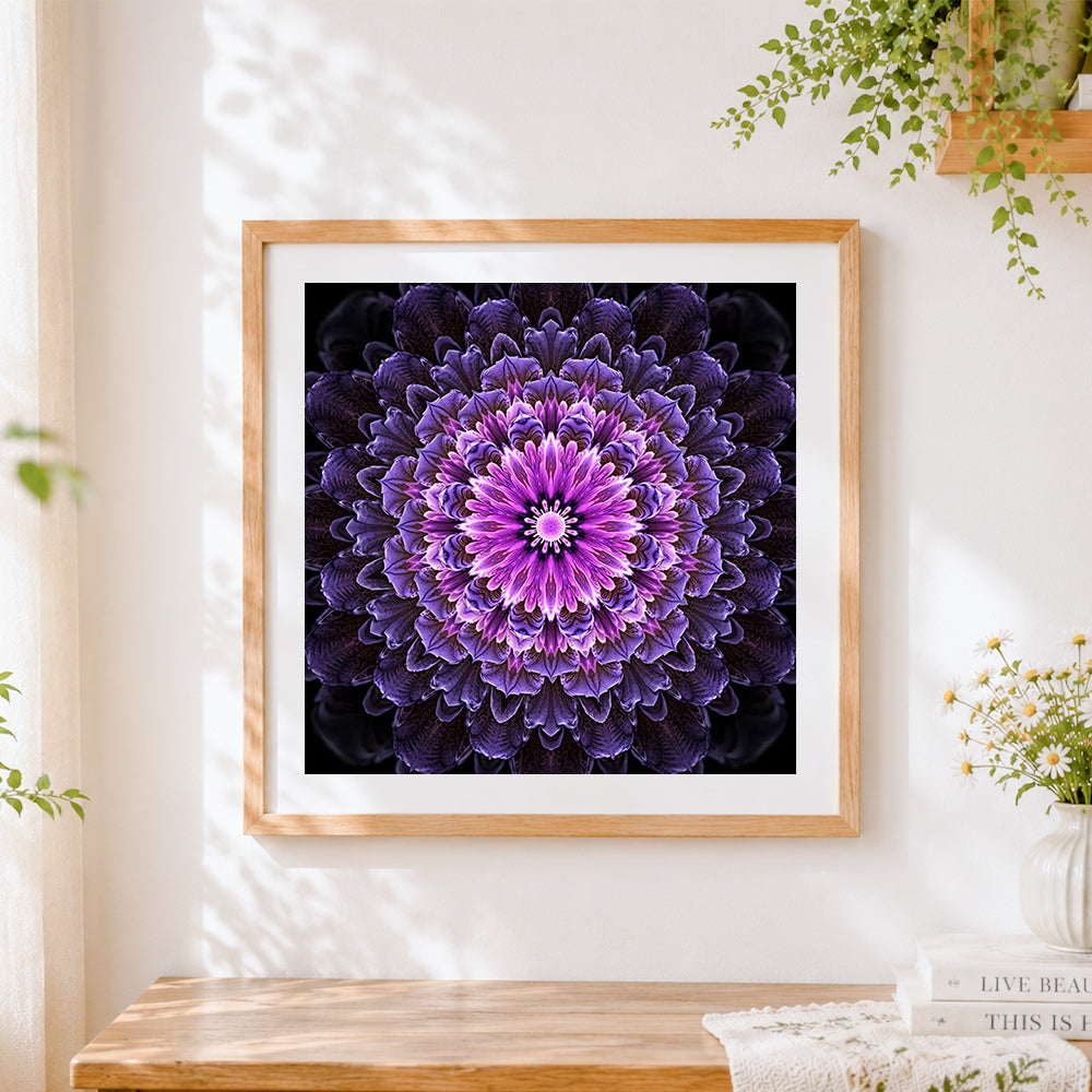 Finished purple kaleidoscope flower mandala cross stitch artwork displayed