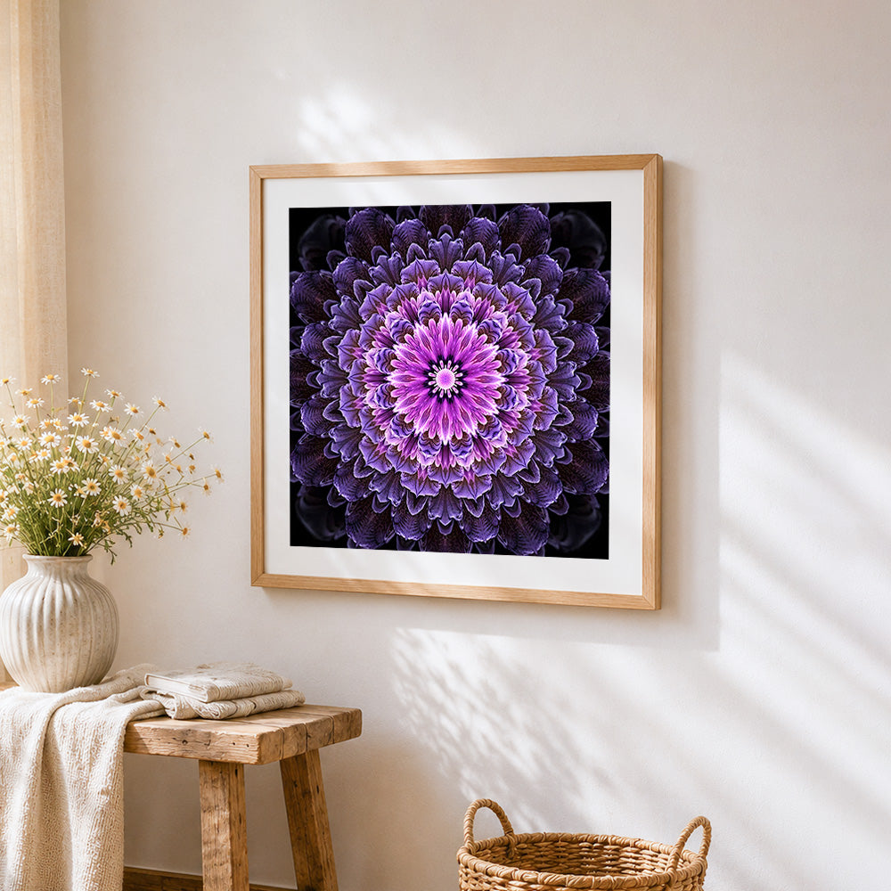 Purple kaleidoscope flower mandala cross stitch artwork displayed on wall as home decor